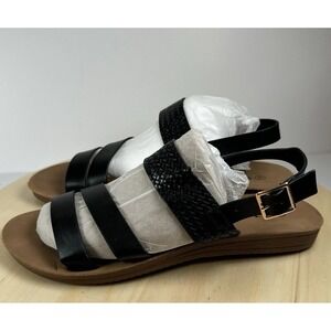 CL By Laundry Black Woven Slingback Flat Sandals Size 9.5 Buckle Minimalist